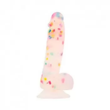  Dildo de Fantasía de Silicón con Testículos de 20 cm Largo x 4 cm Ancho - 8 Pulgadas con Ventosa Color Traslúcido con Lunares de Colores BBD6