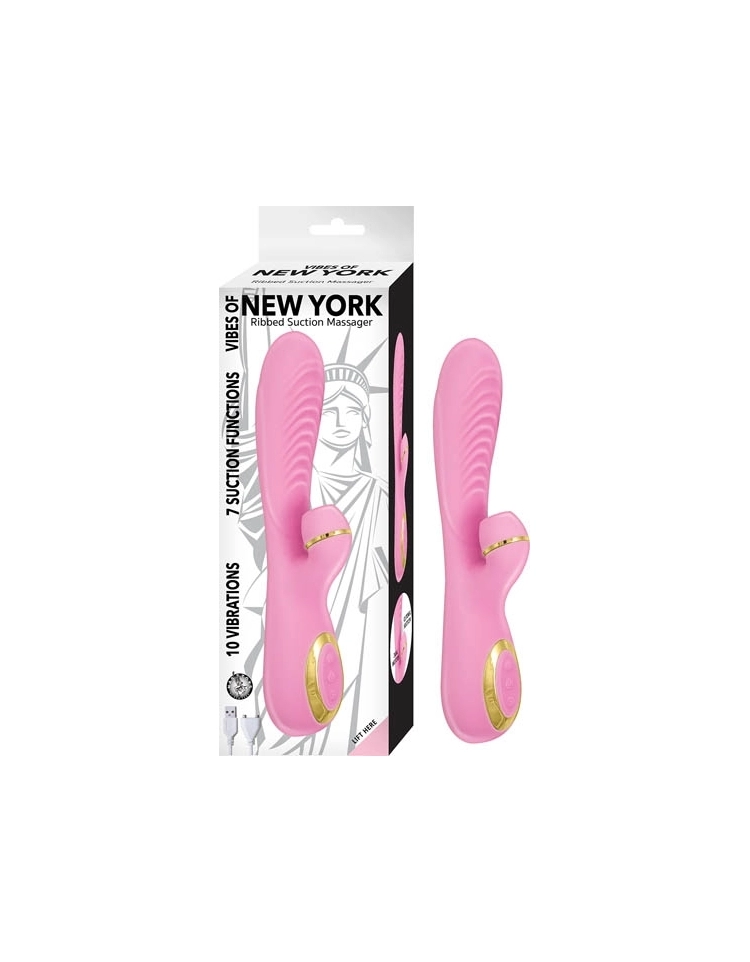 Vibrador Multiorgasmicos Rabbit VIBES OF NEW YORK RIBBED SUCTION MASSAGER RECHARGEABLE PINK