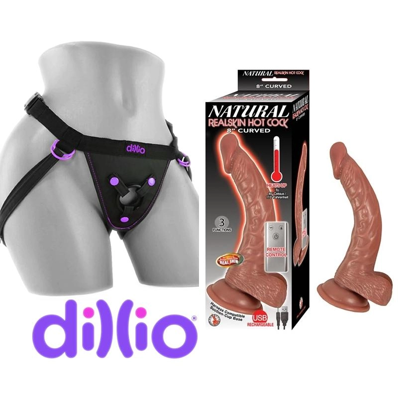  20 cm Largo x 4.4 cm Ancho - NATURAL REALSKIN HOT COCK 8 INCH CURVED BROWN Strap-on Kit Dildo y arnes