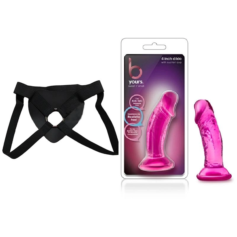  10 cm Largo x 4.4 cm Ancho - BL-13620 Sweet N' Small 4 Inch Dildo with Suction Cup Pink Strap-on Kit Dildo y Arnes Económico