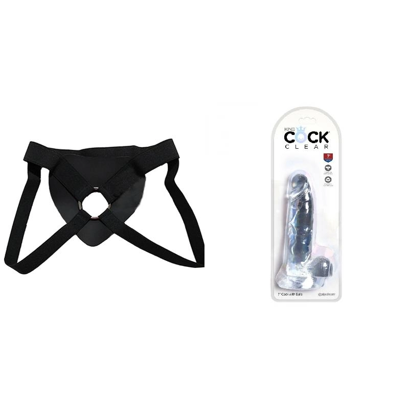  17 cm Largo x 4 cm Ancho - KING COCK CLEAR 7 INCH COCK WITH BALLS Strap-on Kit Dildo y Arnes Económico
