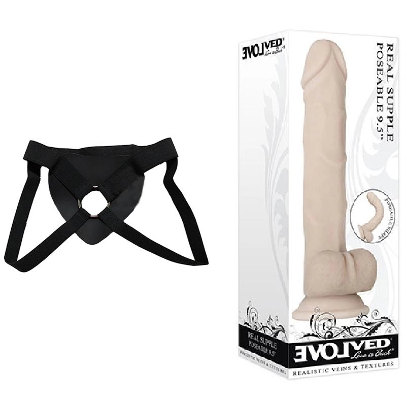  24 cm Largo x 4.5 cm Ancho - 9.5" REAL SUPPLE POSEABLE Strap-on Kit Dildo y Arnes Económico
