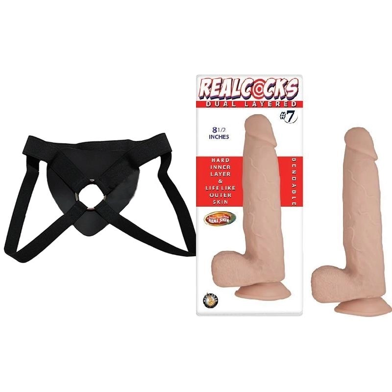  21 cm Largo x 4 cm Ancho - REALCOCKS DUAL LAYERED BENDABLE NUMBER 7 8.5 INCH FLESH Strap-on Kit Dildo y Arnes Económico
