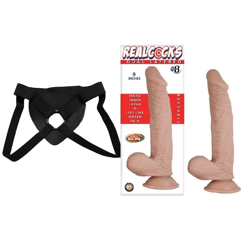  20 cm Largo x 4 cm Ancho - REALCOCKS DUAL LAYERED BENDABLE NUMBER 8 9 INCH FLESH Strap-on Kit Dildo y Arnes Económico