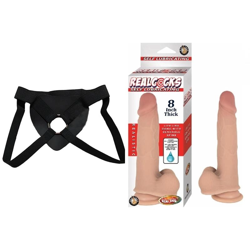  20 cm Largo x 4.4 cm Ancho - REALCOCKS SELF LUBRICATING 8 INCH THICK Strap-on Kit Dildo y Arnes Económico