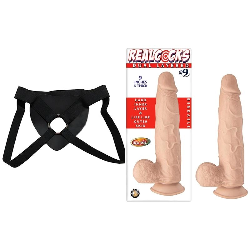  22 cm Largo x 4.2 cm Ancho - REALCOCKS DUAL LAYERED BENDABLE NUMBER 9 9 INCH FLESH Strap-on Kit Dildo y Arnes Económico