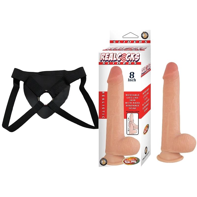  20 cm Largo x 4 cm Ancho - REALCOCKS SLIDERS 8 INCH FLESH Strap-on Kit Dildo y Arnes Económico