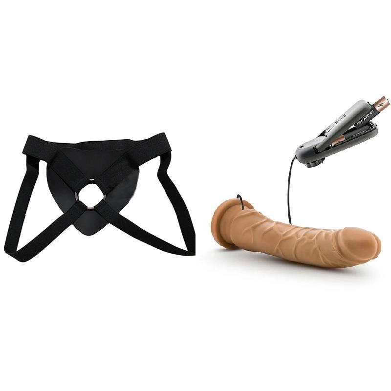  21 cm Largo x 3.8 cm Ancho - BL-13057 8.5 Inch Vibrating Realistic Cock With Suction Cup Mocha Strap-on Kit Dildo y Arnes Económico