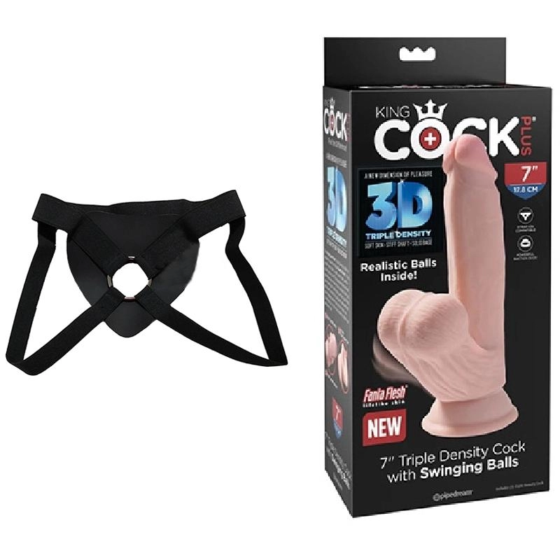  18 cm Largo x 4.4 cm Ancho - PD5730-21 7" Triple Density Cock With Swinging Balls Strap-on Kit Dildo y Arnes Económico
