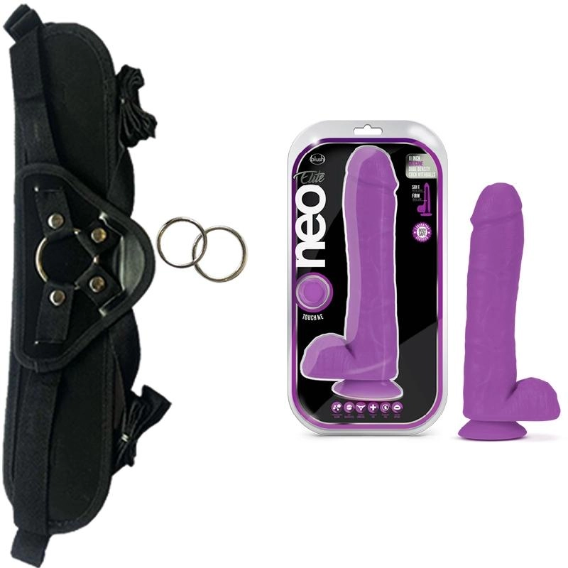  27 cm LArgo x 5.7 cm BL-26421 11 Inch Silicone Dual Density Cock with Balls Neon Purple Strap-on Kit Dildo y Arnes ARNES WOW! BLACK