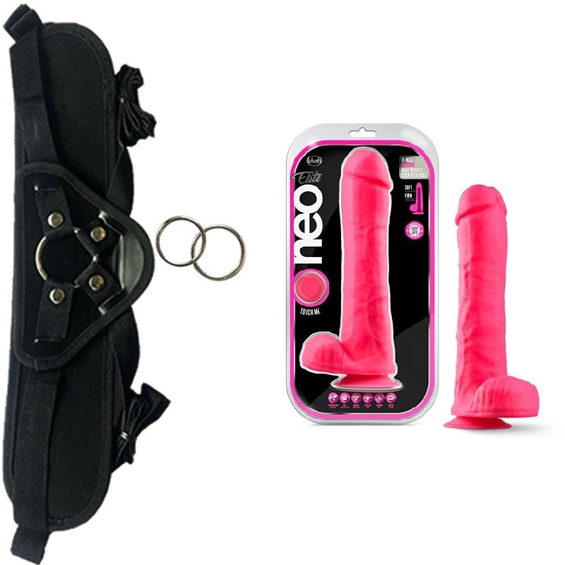  27 cm LArgo x 5.7 cm BL-26420 11 Inch Silicone Dual Density Cock with Balls Neon Pink Strap-on Kit Dildo y Arnes ARNES WOW! BLACK