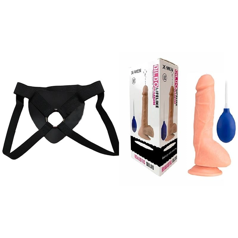  23 cm Largo x 4.2 cm Ancho X-Men Realistic Ejaculating Dildo Strap-on Kit Dildo y Arnes Económico